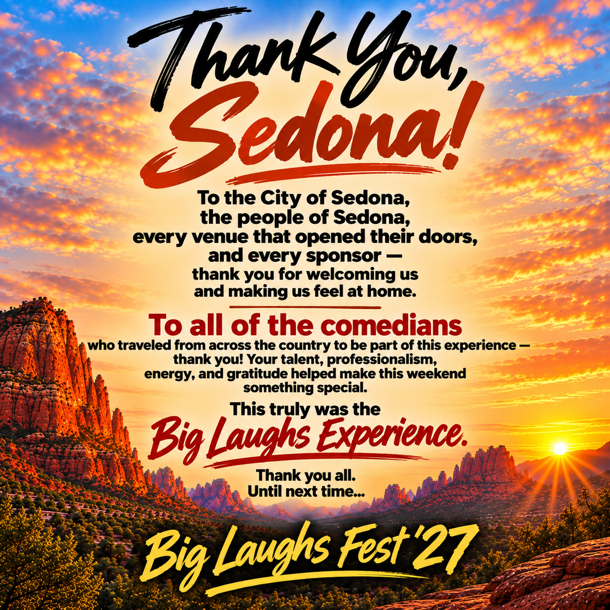 Thank You, Sedona! Big Laughs Fest '27 thank-you poster